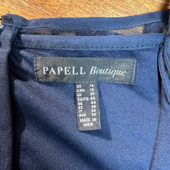 Papell Boutique Dress 16 Navy Blue Sequin Sheath Sheer Long Sleeve‎ Cocktail Zip - Picture 10 of 10